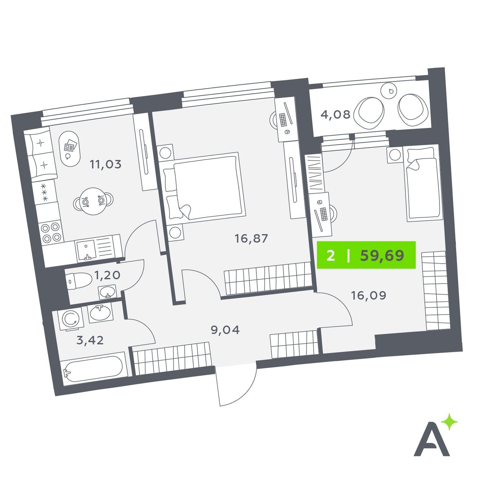 Планировка: 2-комнатная квартира, 59,7 м²