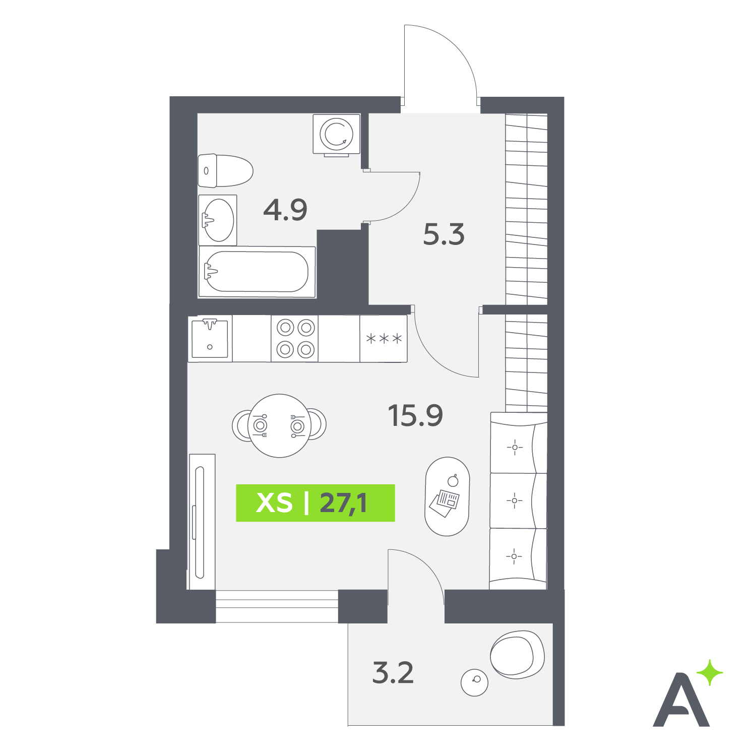 Планировка: студия, 27,1 м²