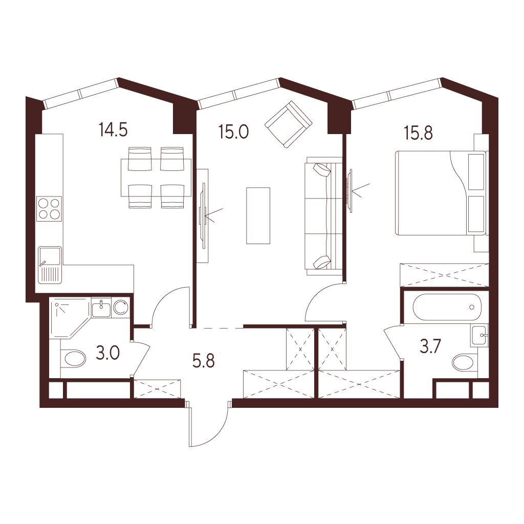 Планировка: 2-комнатная квартира, 57,8 м²