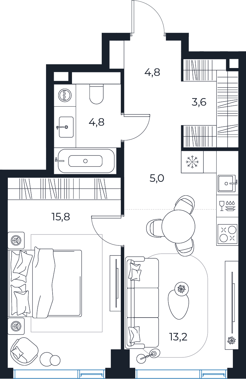 Планировка: 1-комнатная квартира, 47,2 м²