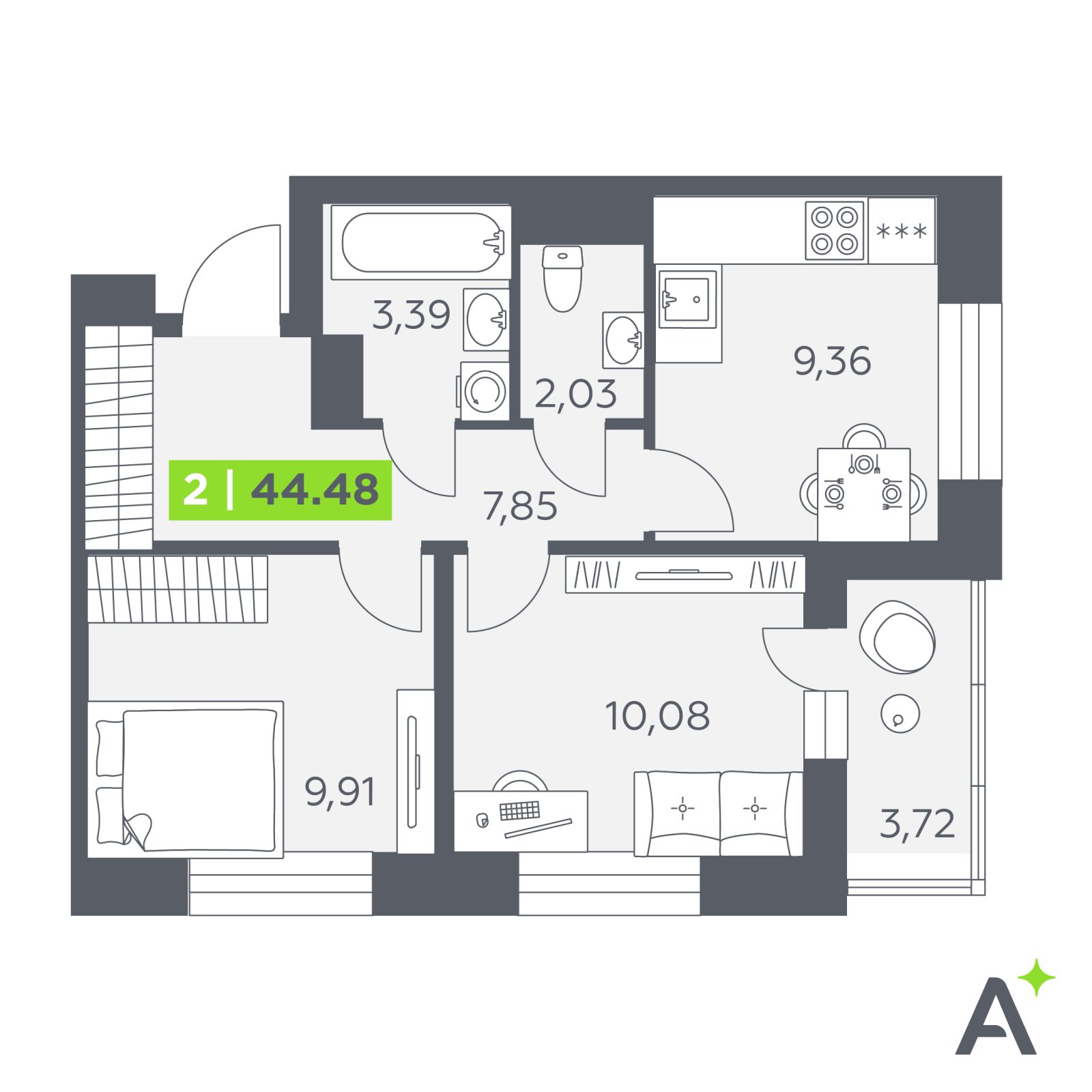 Планировка: 2-комнатная квартира, 44,5 м²