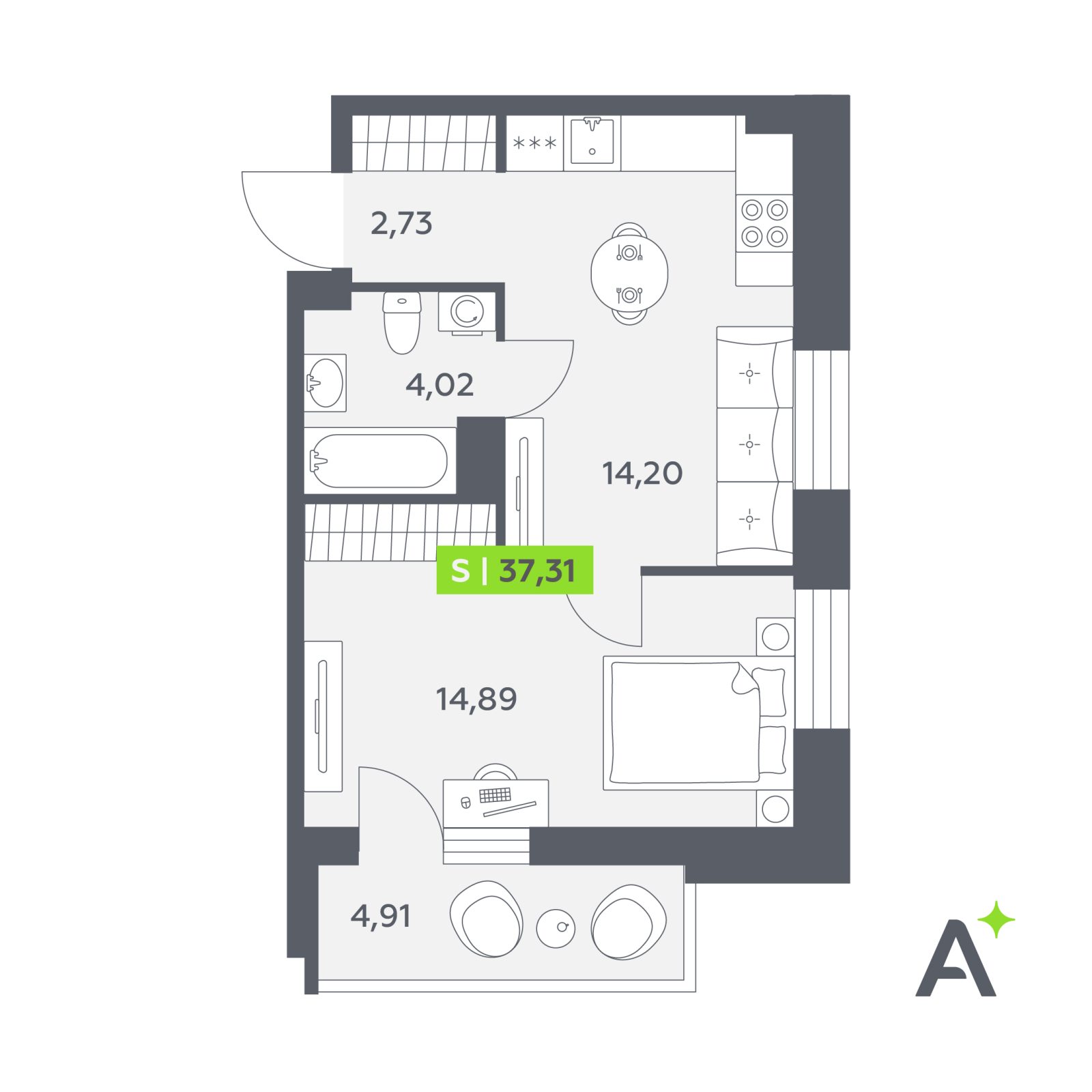 Планировка: 2-комнатная квартира, 37,3 м²