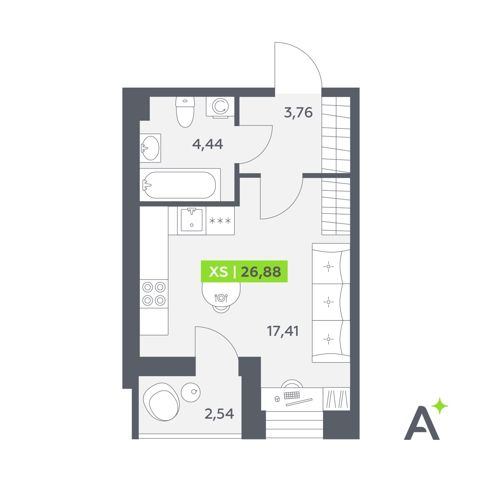 Планировка: студия, 26,9 м²