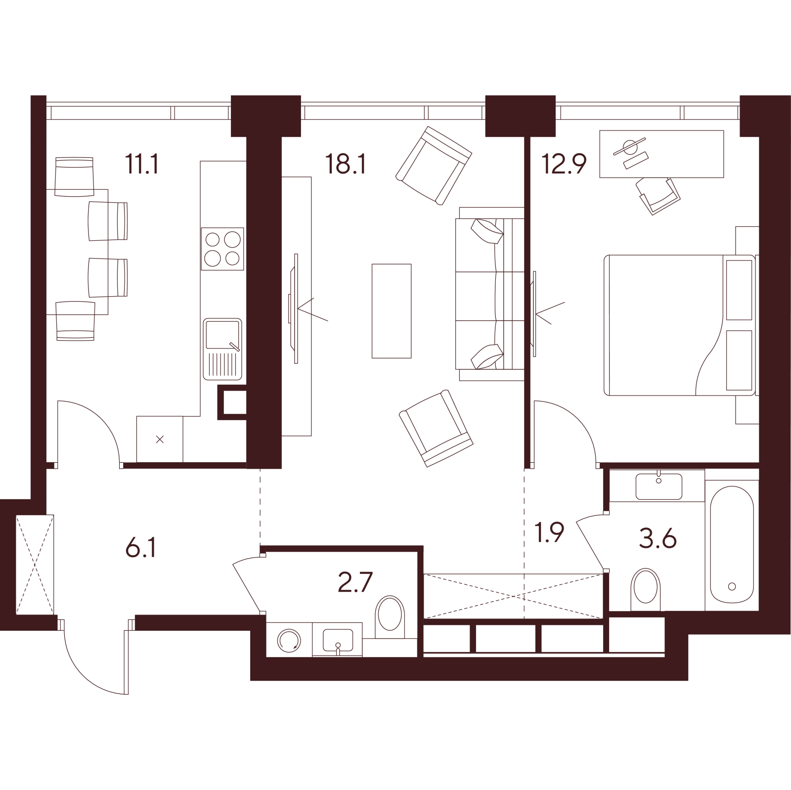 Планировка: 2-комнатная квартира, 56,4 м²