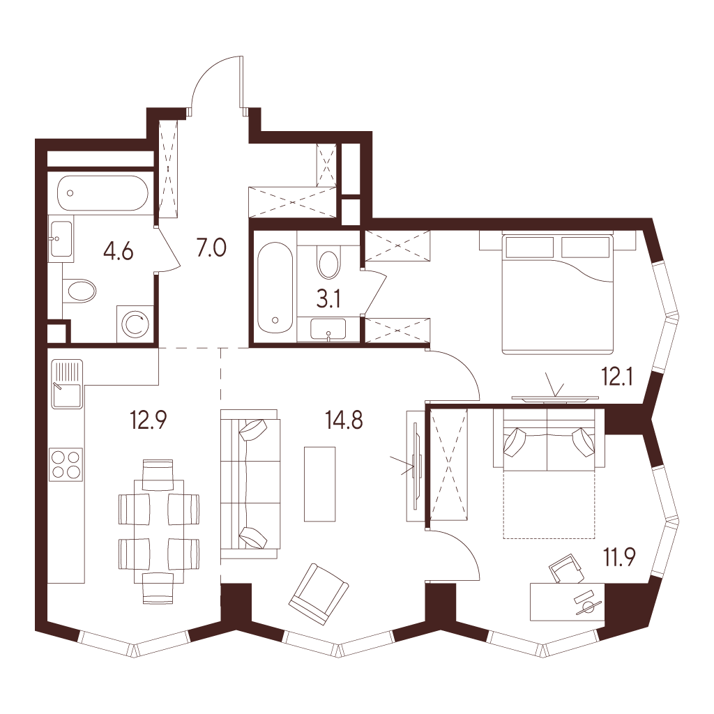 Планировка: 3-комнатная квартира, 66,4 м²