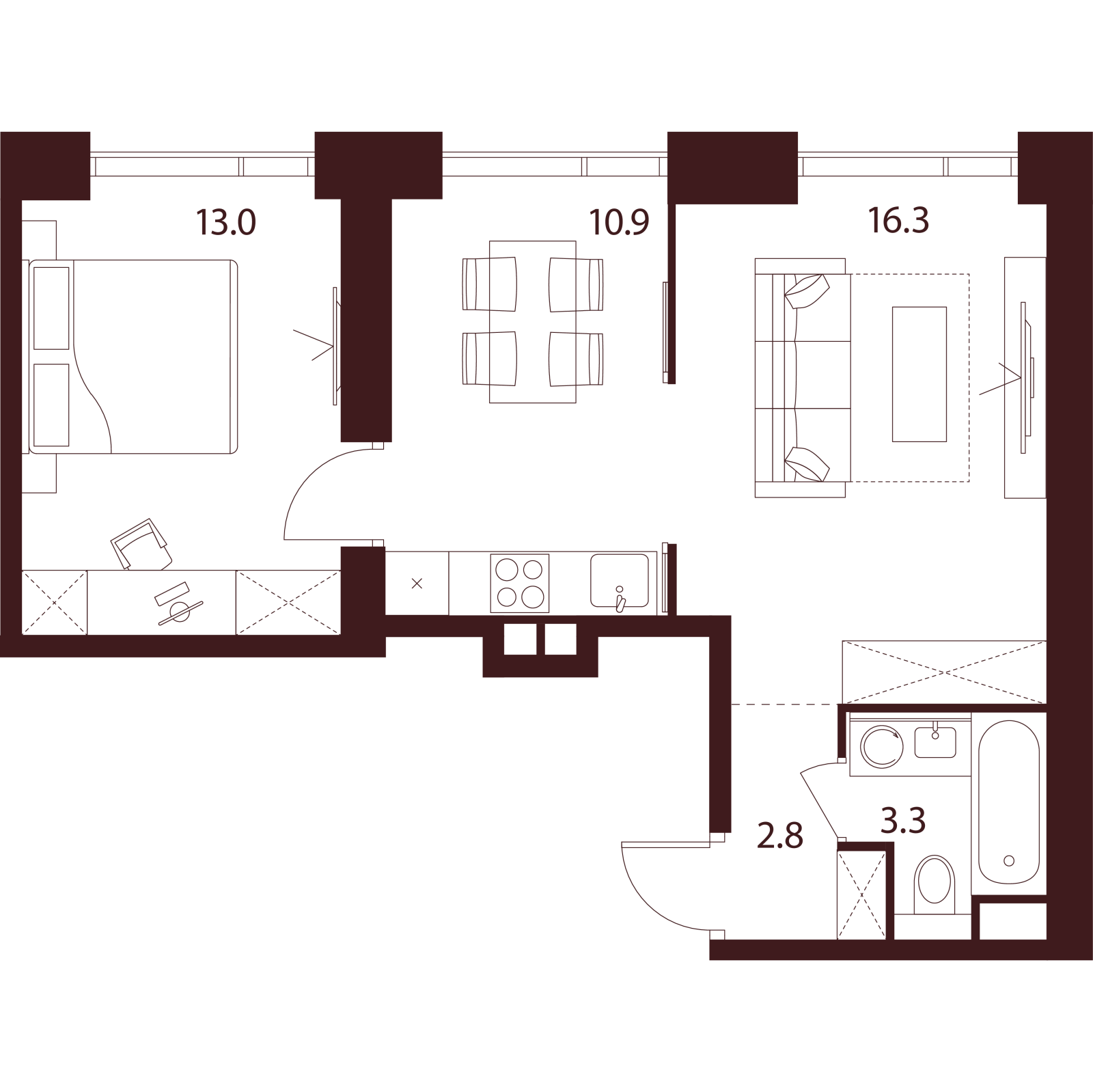 Планировка: 2-комнатная квартира, 46,3 м²