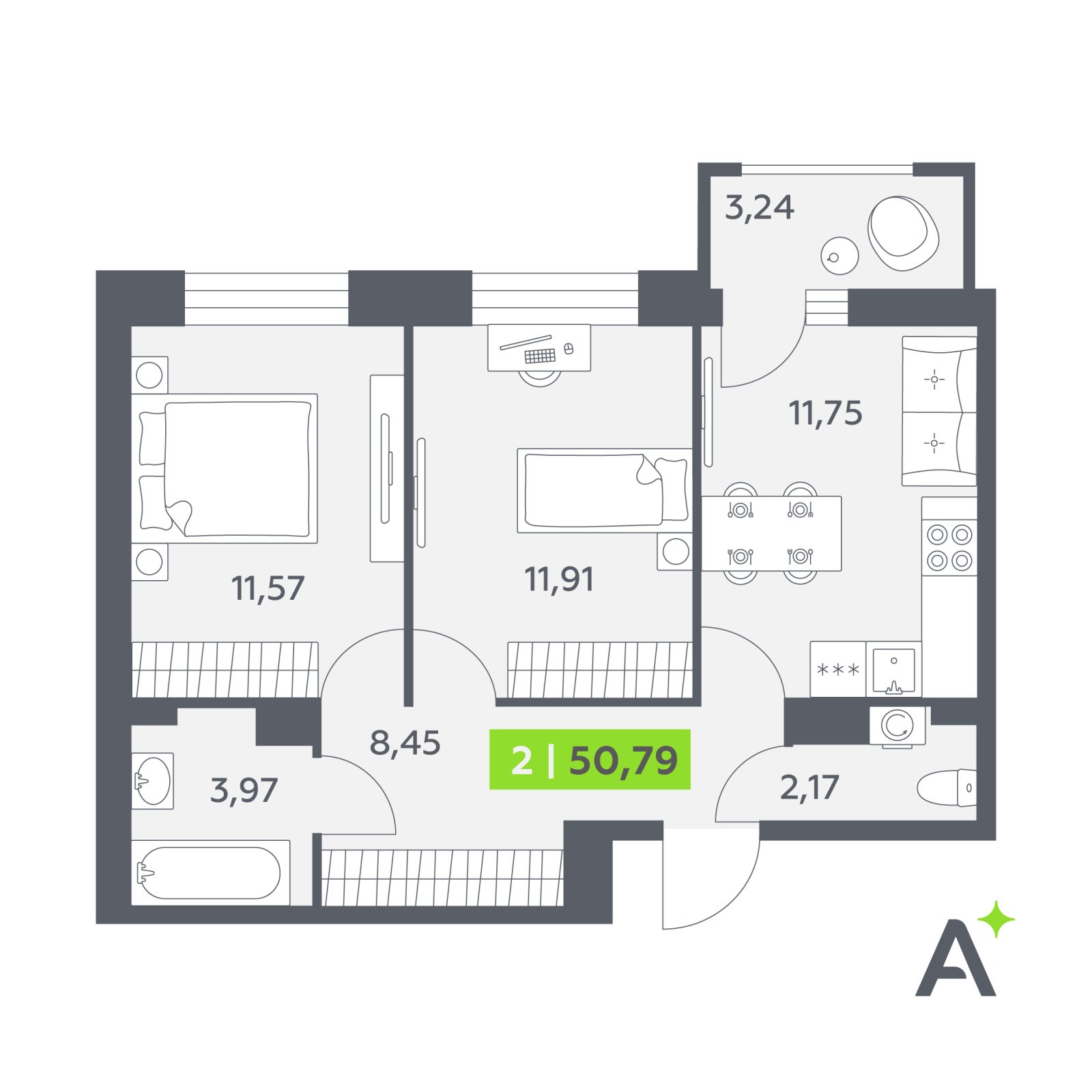 Планировка: 2-комнатная квартира, 50,8 м²
