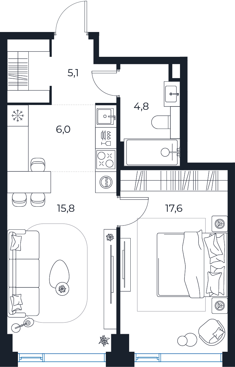 Планировка: 1-комнатная квартира, 47,5 м²