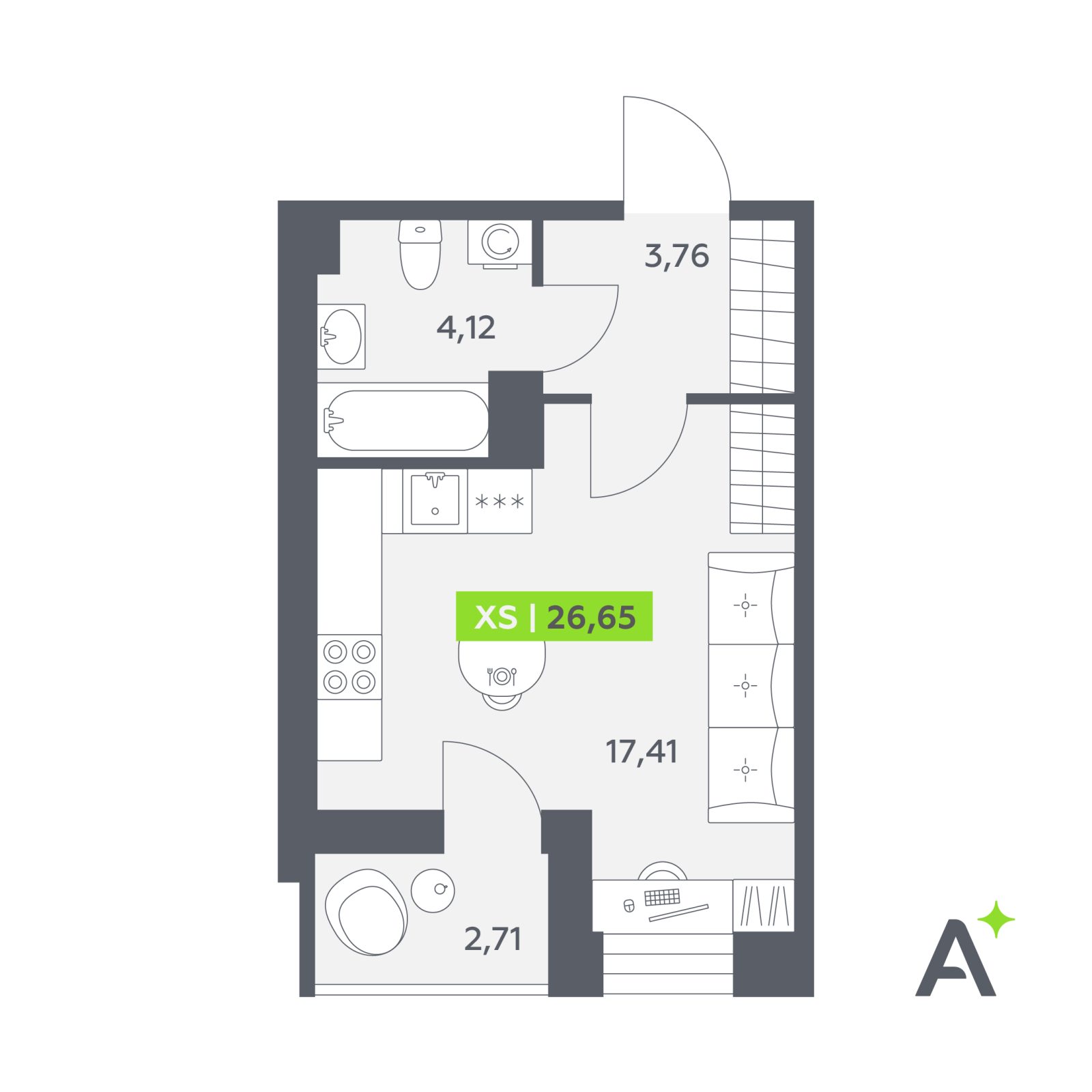 Планировка: студия, 26,7 м²