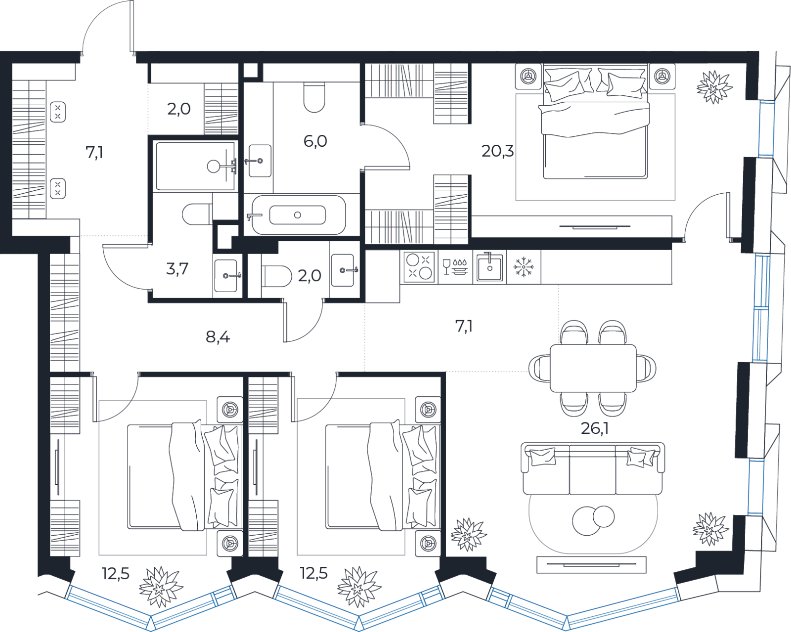 Планировка: 3-комнатная квартира, 107,7 м²