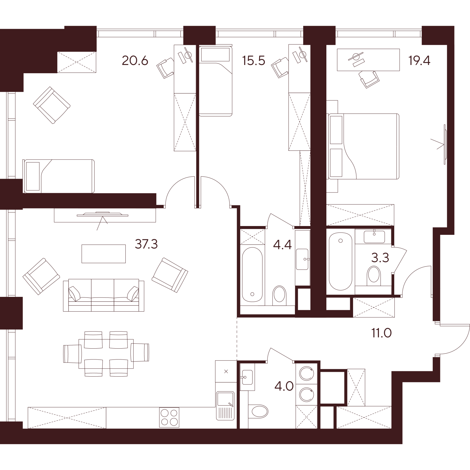 Планировка: 4-комнатная квартира, 115,5 м²