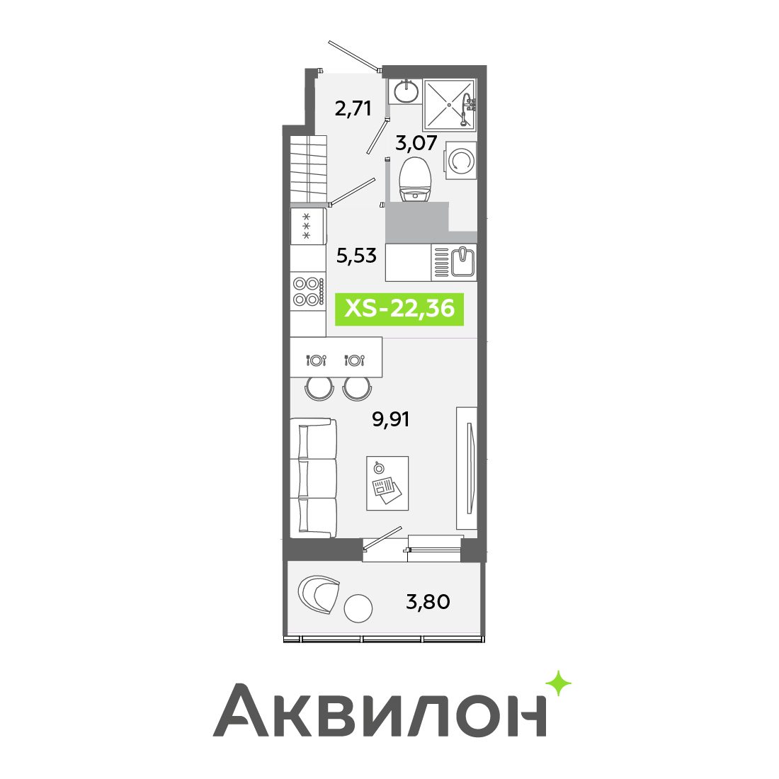 Планировка: студия, 22,4 м²
