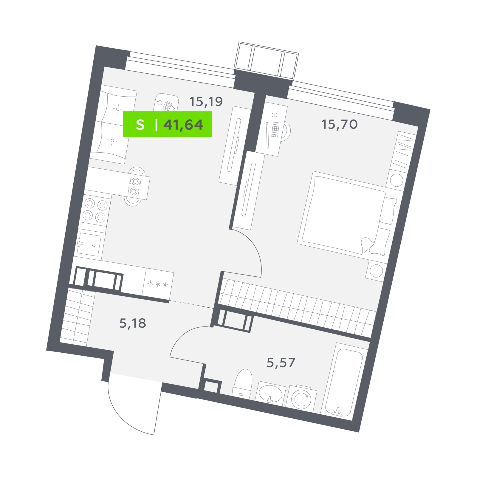 Планировка: 2-комнатная квартира, 41,6 м²