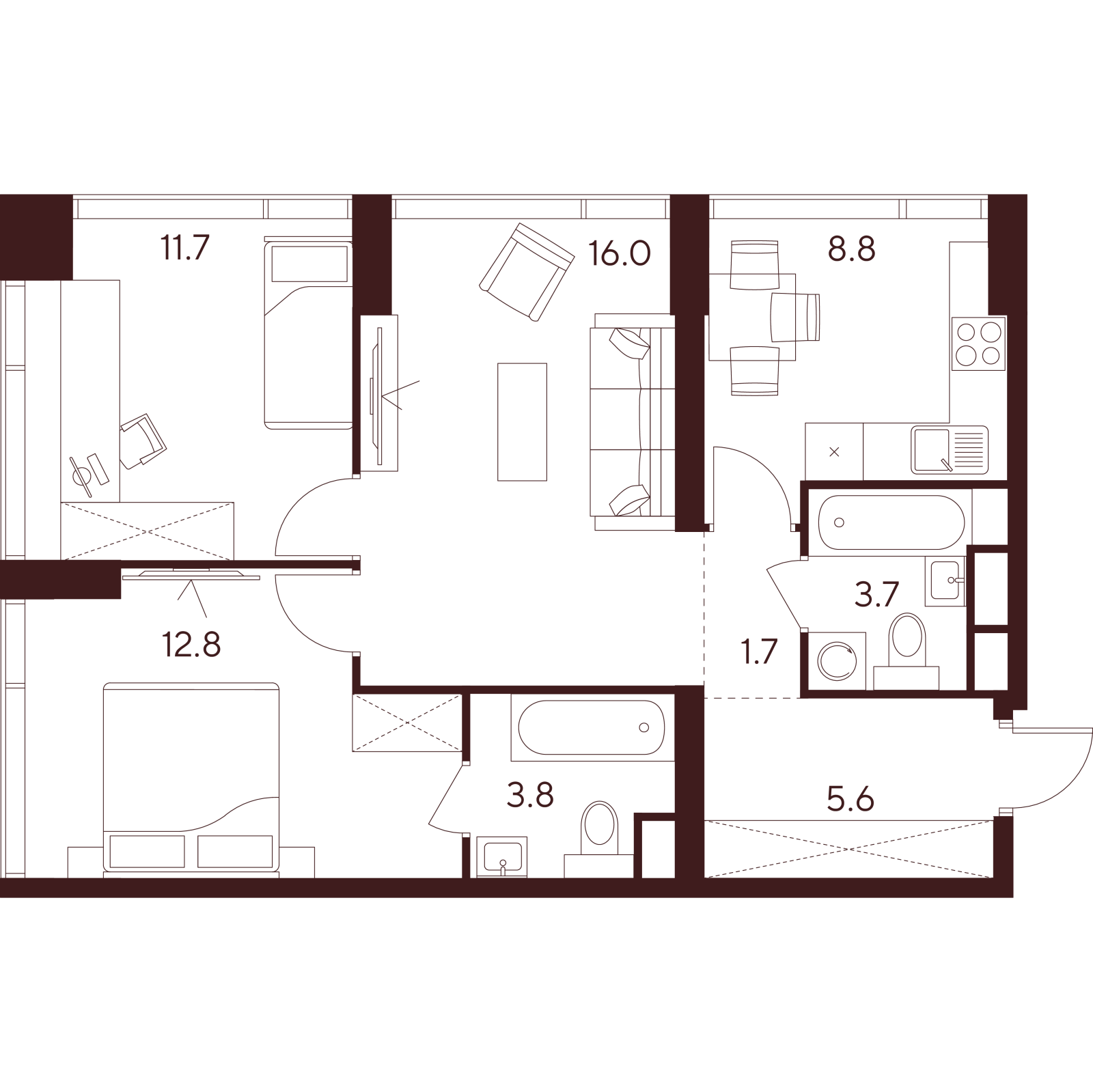 Планировка: 3-комнатная квартира, 64,1 м²