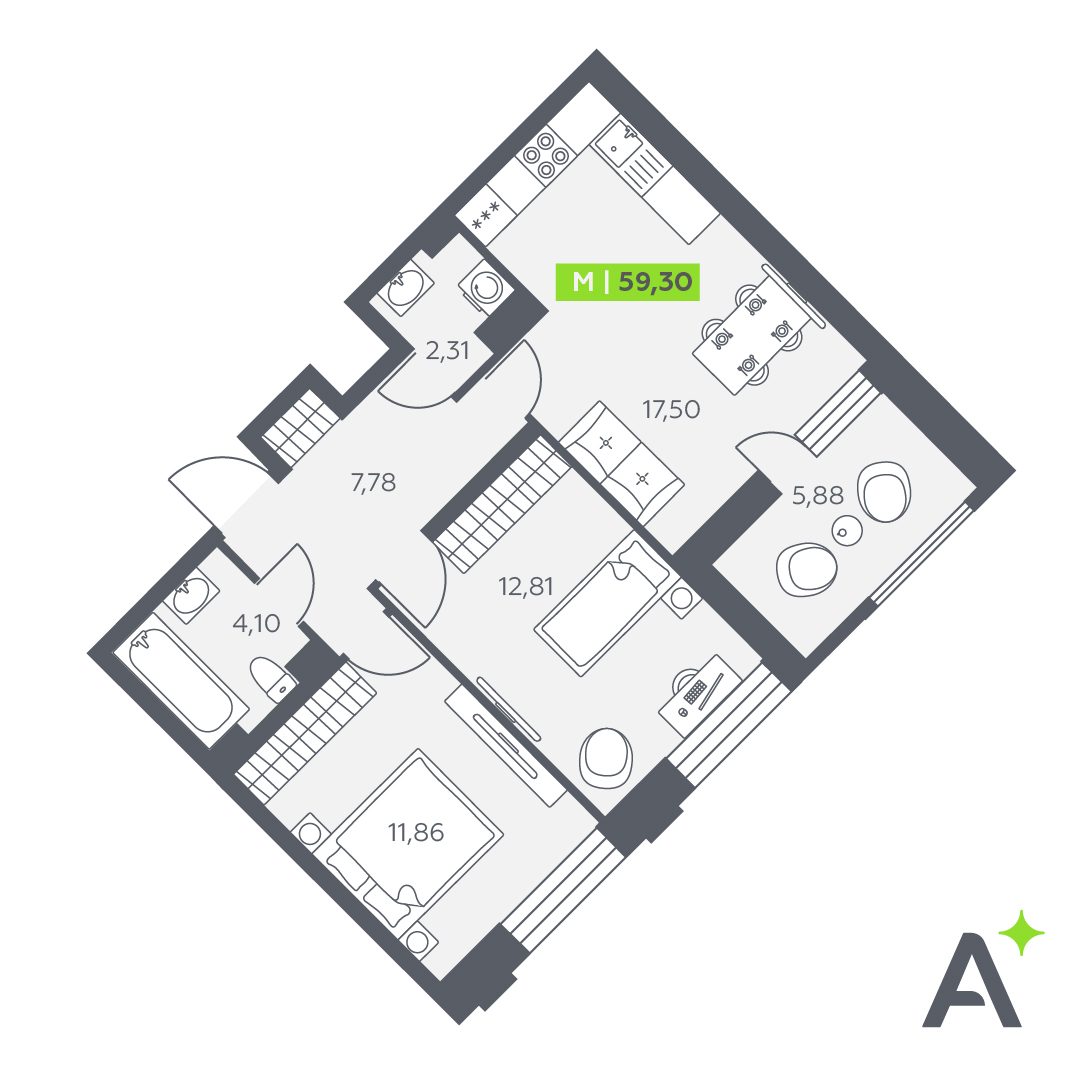 Планировка: 3-комнатная квартира, 59,3 м²