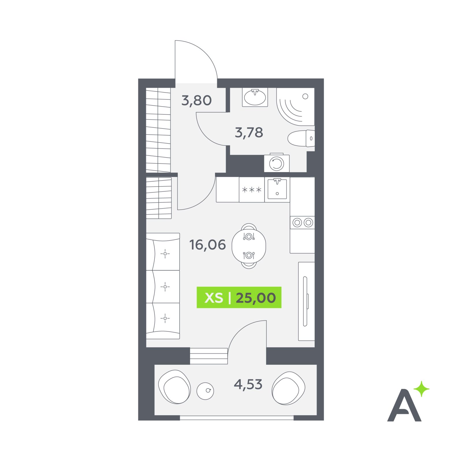 Планировка: студия, 25,0 м²