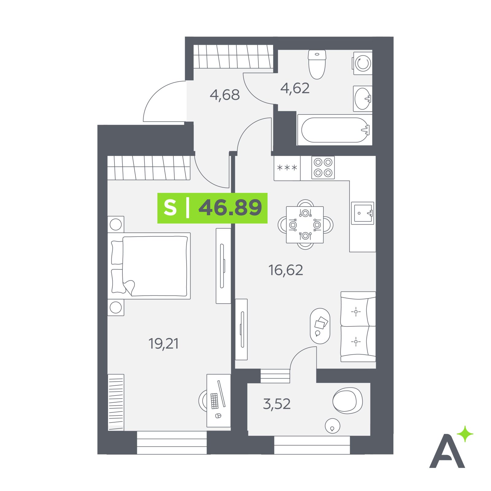 Планировка: 2-комнатная квартира, 46,9 м²