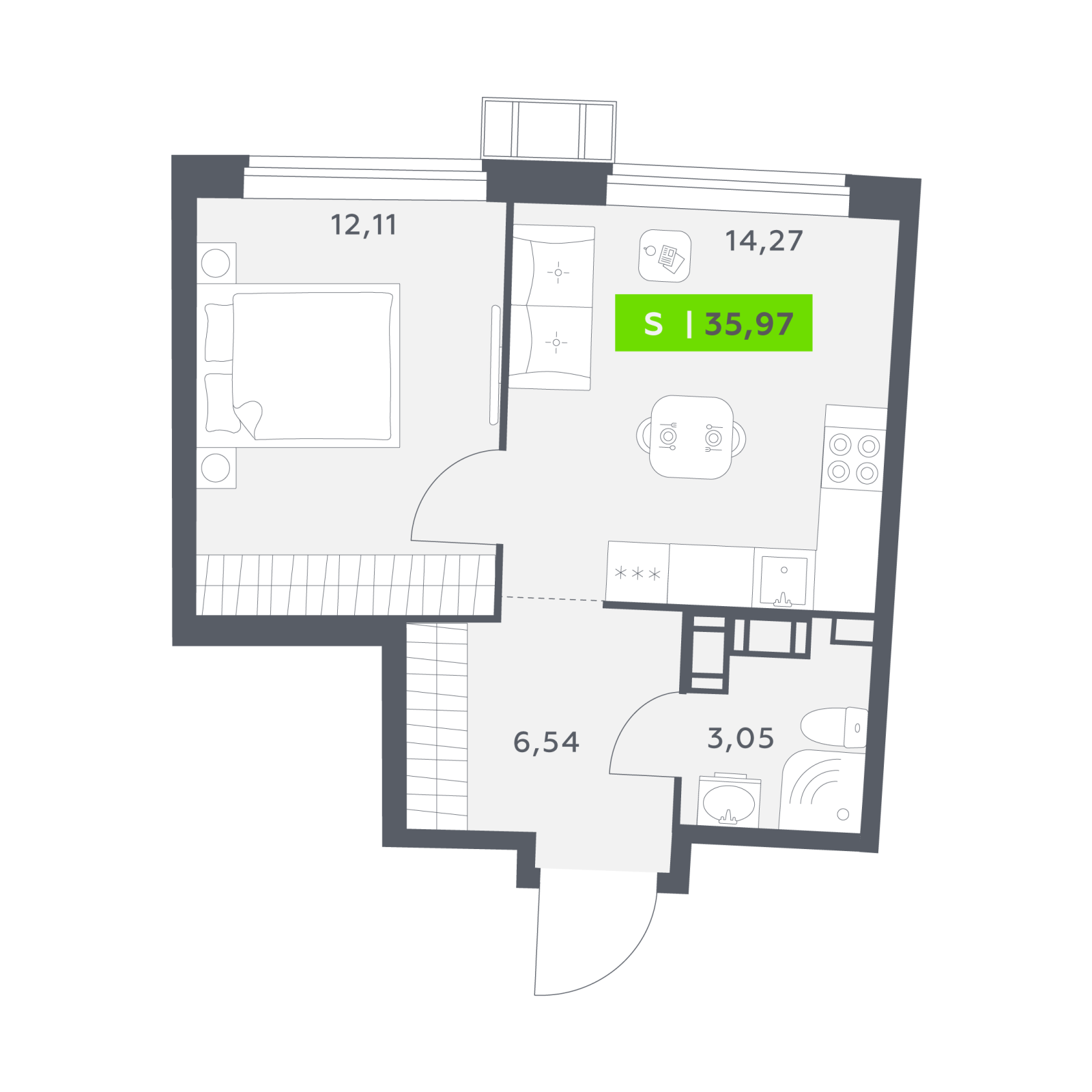 Планировка: 2-комнатная квартира, 36,0 м²