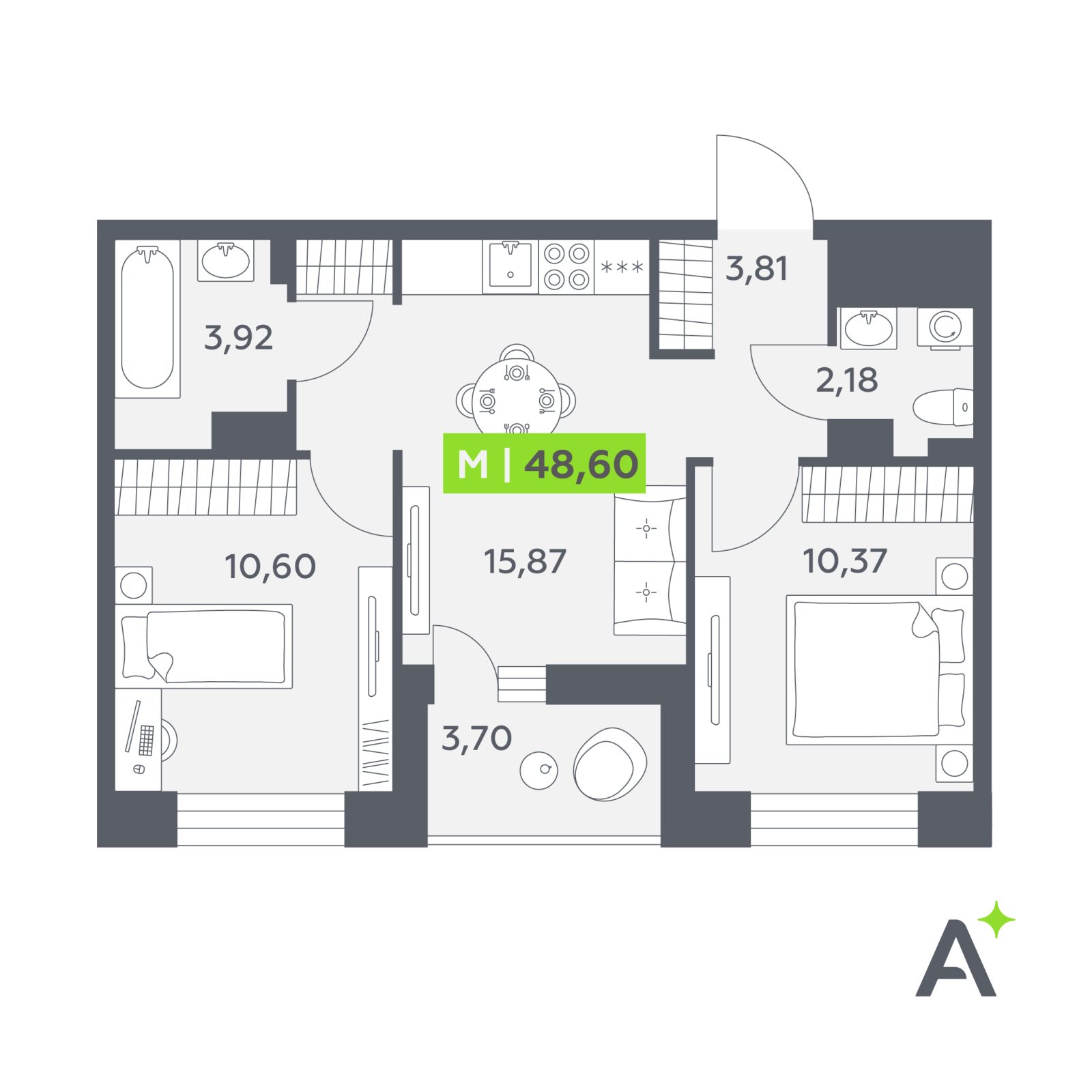 Планировка: 3-комнатная квартира, 48,6 м²