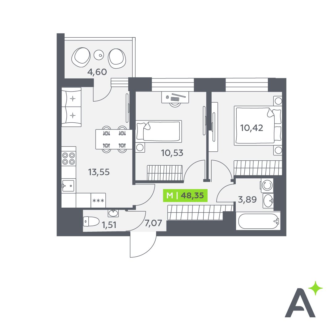 Планировка: 3-комнатная квартира, 48,4 м²