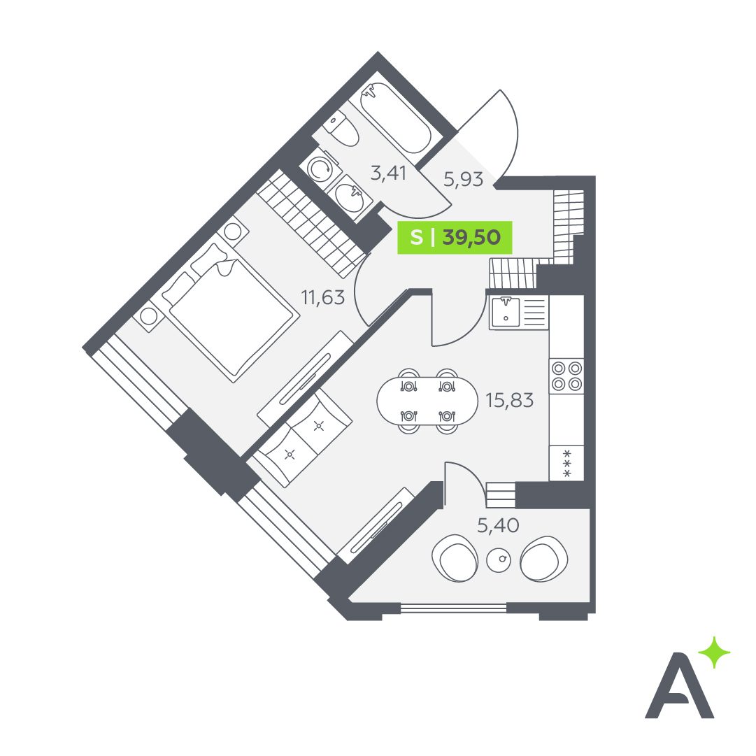 Планировка: 2-комнатная квартира, 39,5 м²