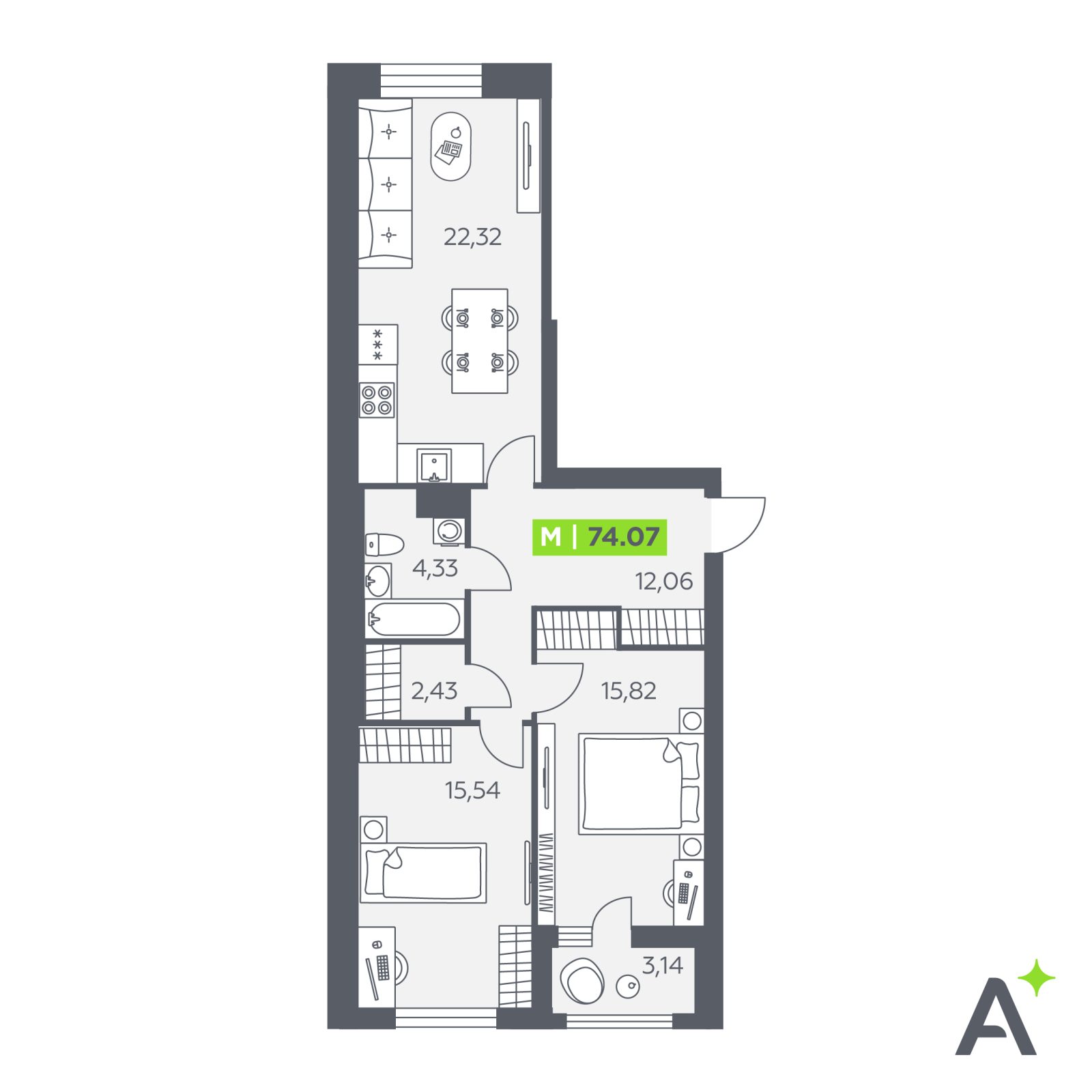 Планировка: 3-комнатная квартира, 74,1 м²