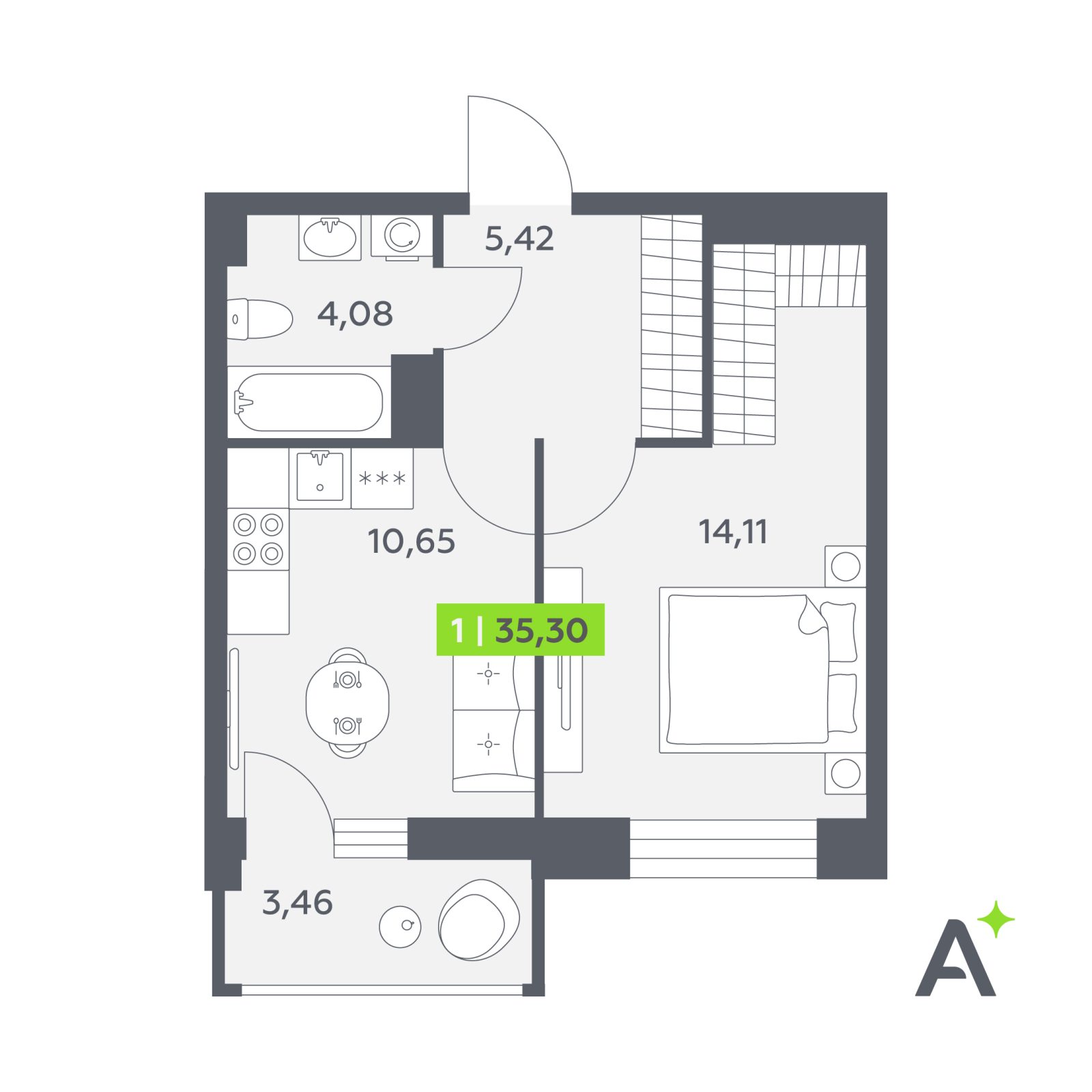 Планировка: 1-комнатная квартира, 35,3 м²