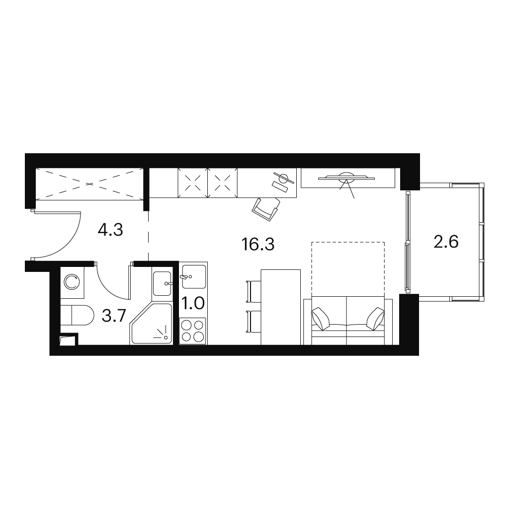 Планировка: студия, 27,9 м²