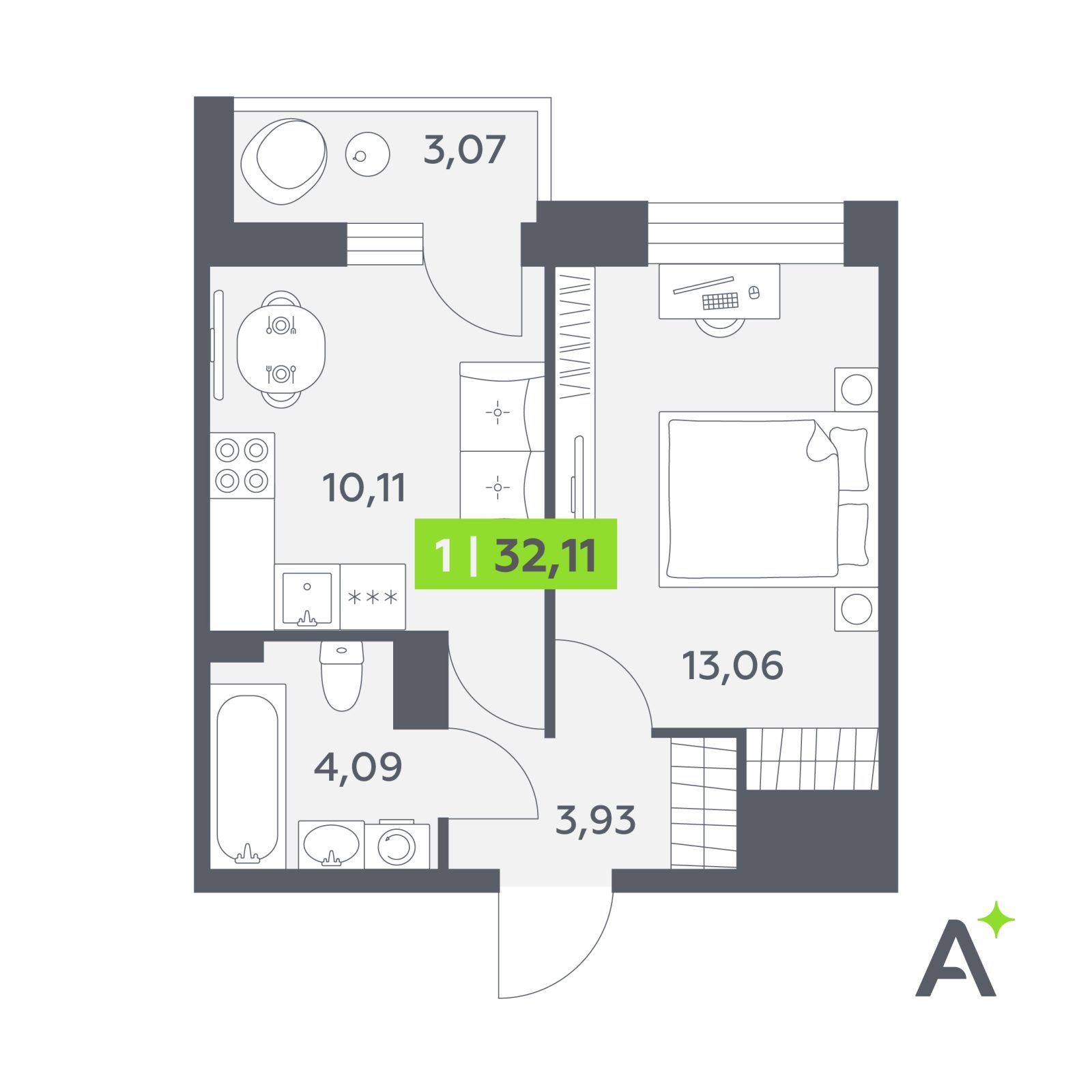 Планировка: 1-комнатная квартира, 32,1 м²