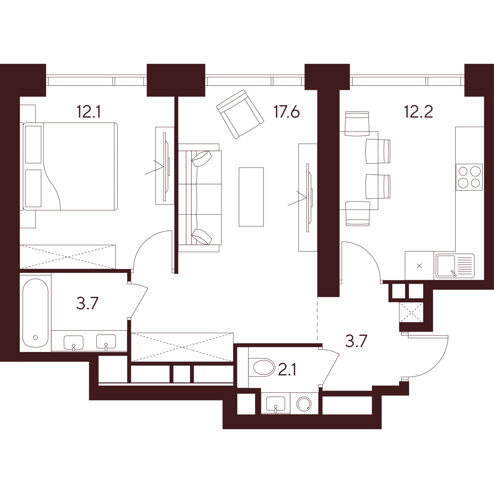 Планировка: 2-комнатная квартира, 51,4 м²