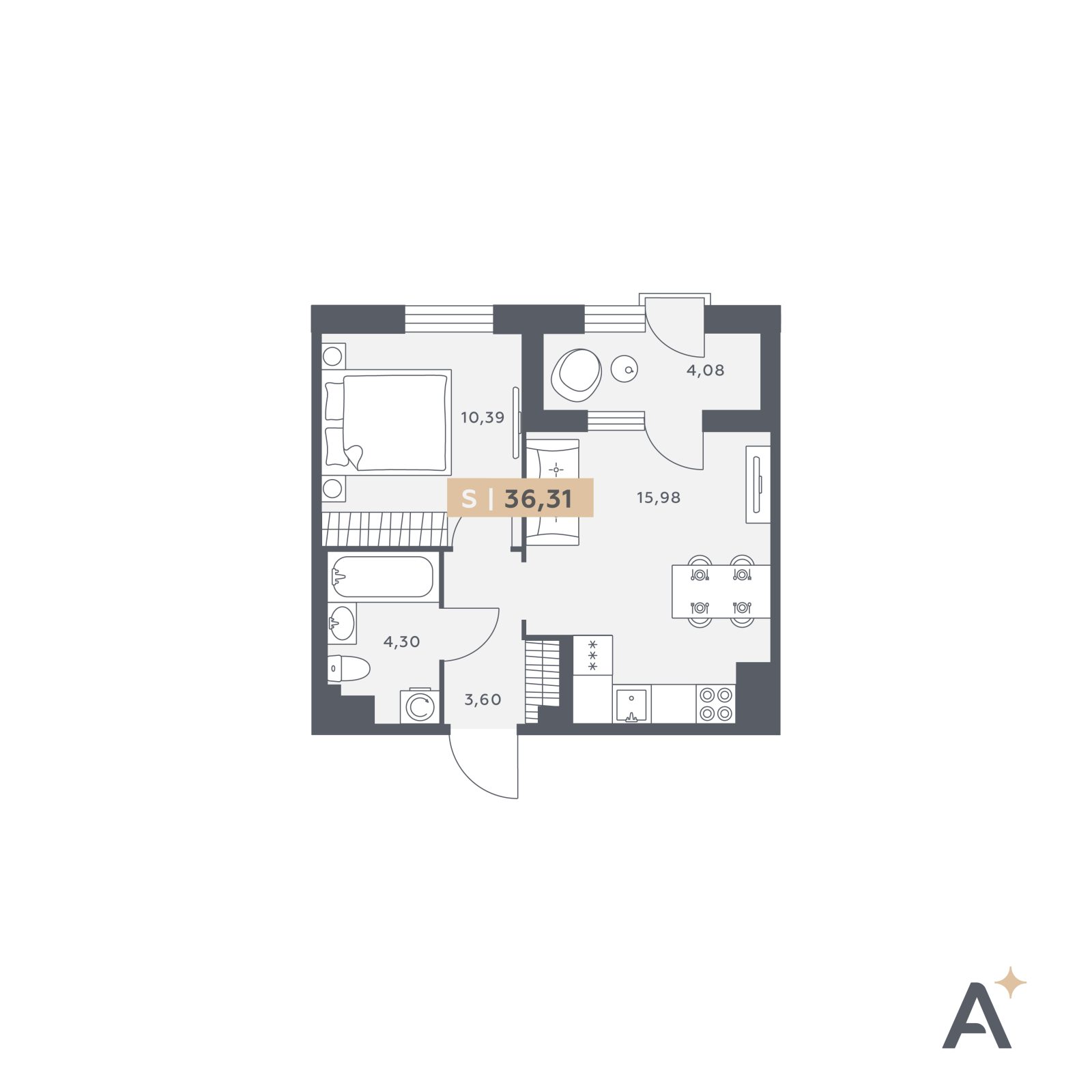 Планировка: 2-комнатная квартира, 36,3 м²