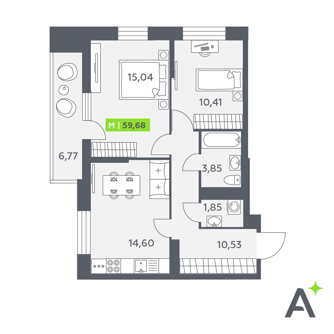 Планировка: 3-комнатная квартира, 59,7 м²