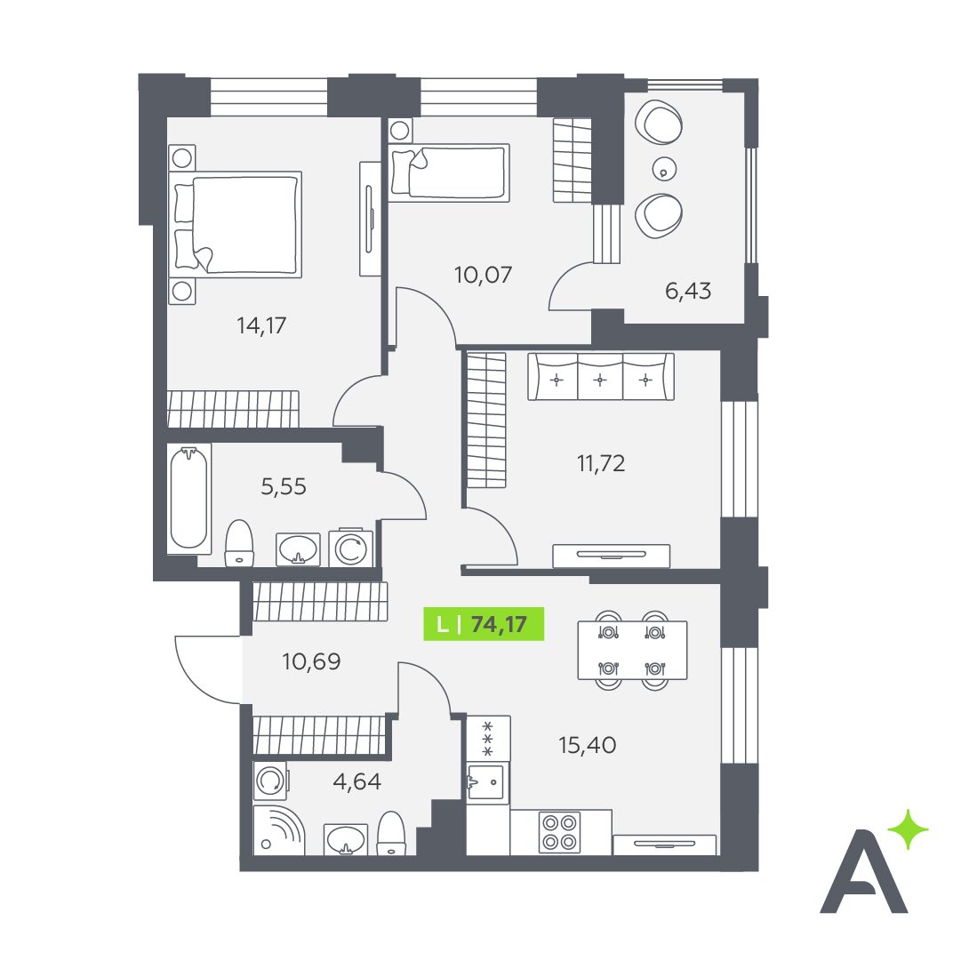 Планировка: 4-комнатная квартира, 74,2 м²