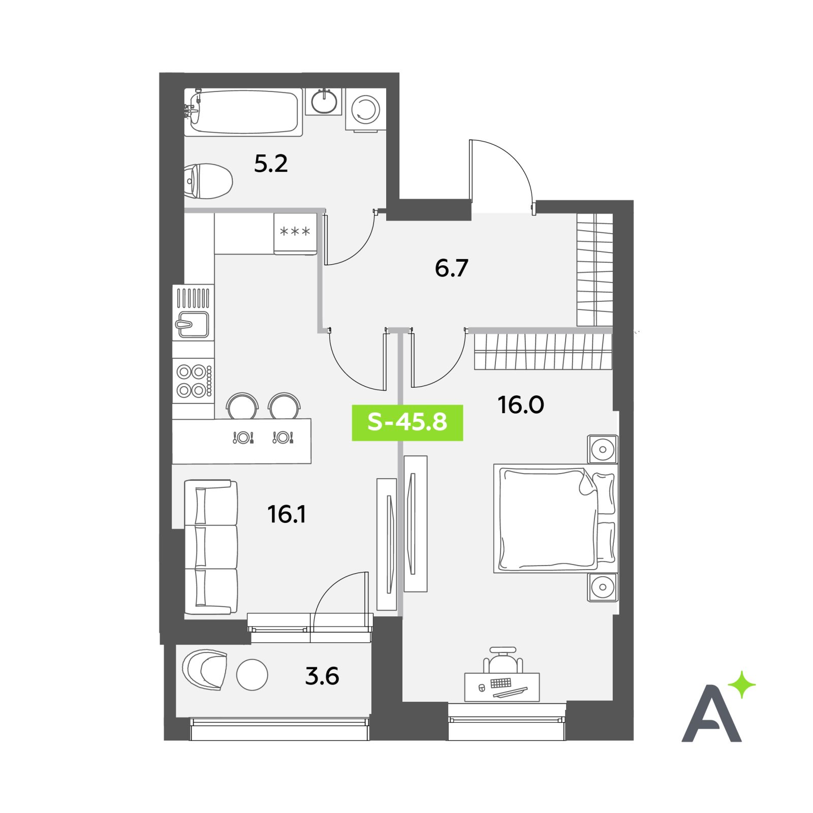Планировка: 2-комнатная квартира, 45,8 м²