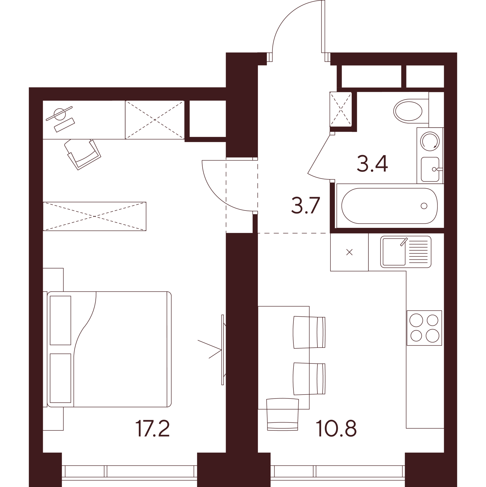 Планировка: 1-комнатная квартира, 35,1 м²