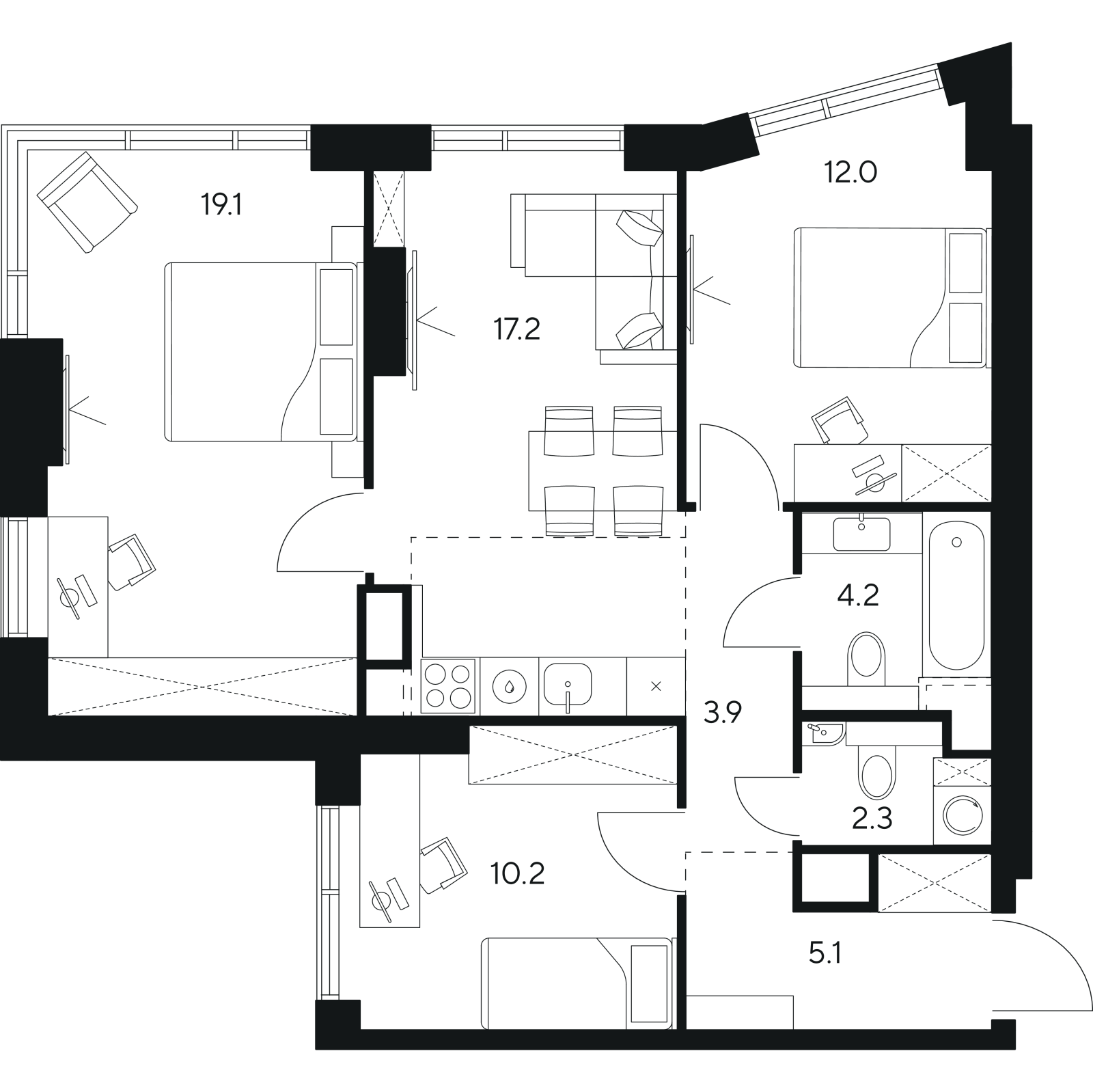 Планировка: 4-комнатная квартира, 74,0 м²