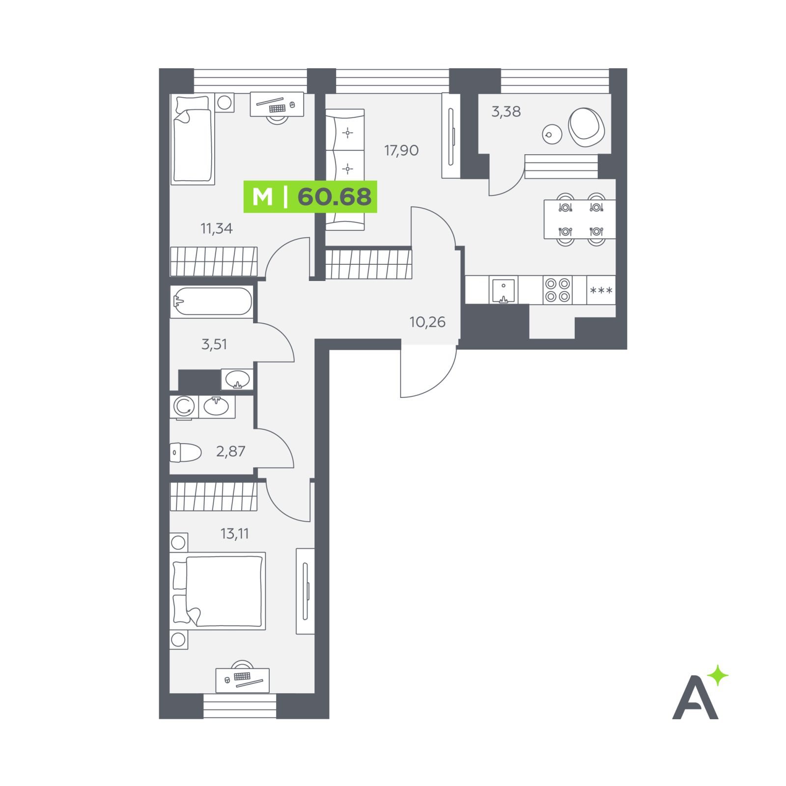 Планировка: 3-комнатная квартира, 60,7 м²
