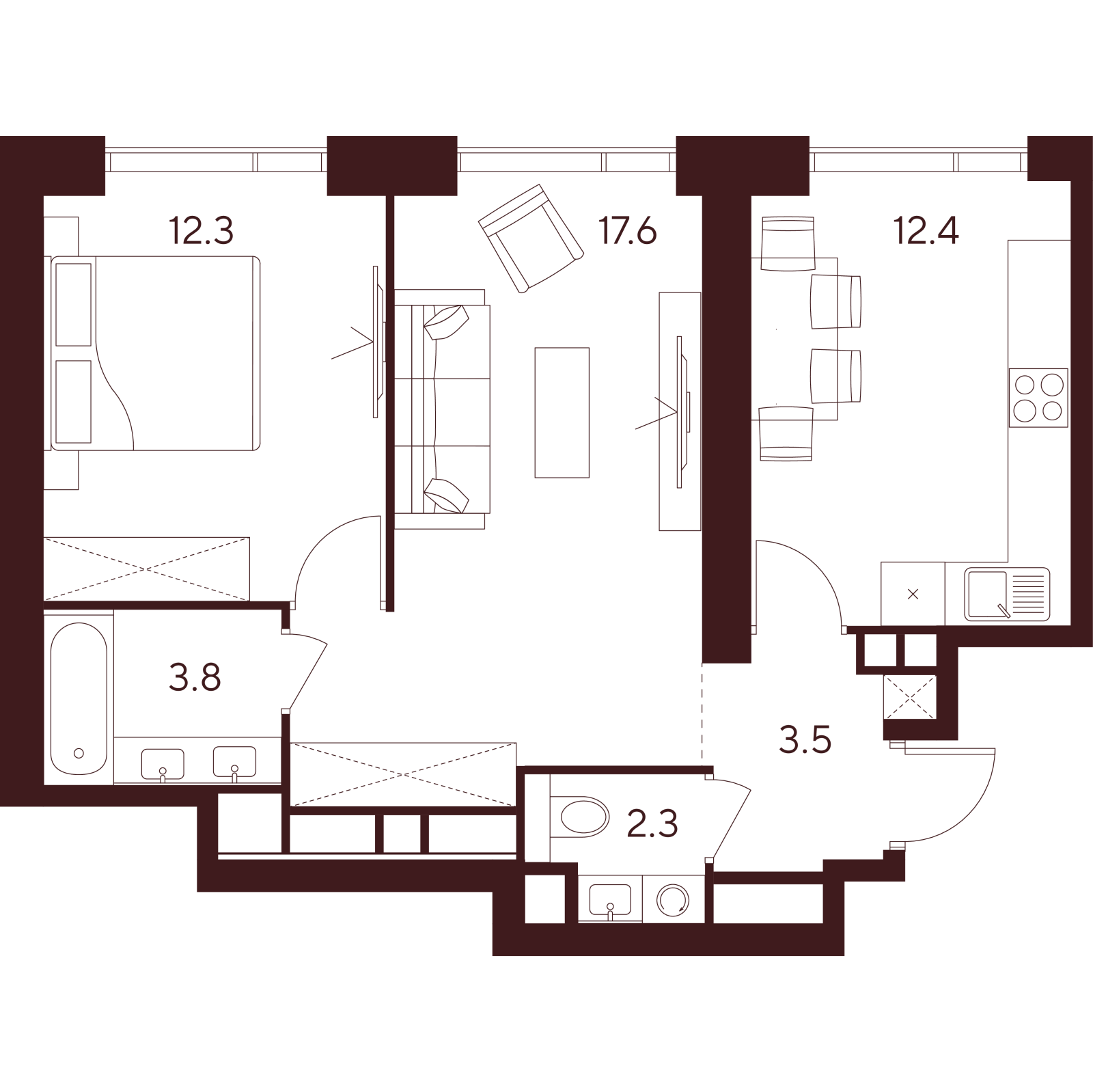 Планировка: 2-комнатная квартира, 51,9 м²