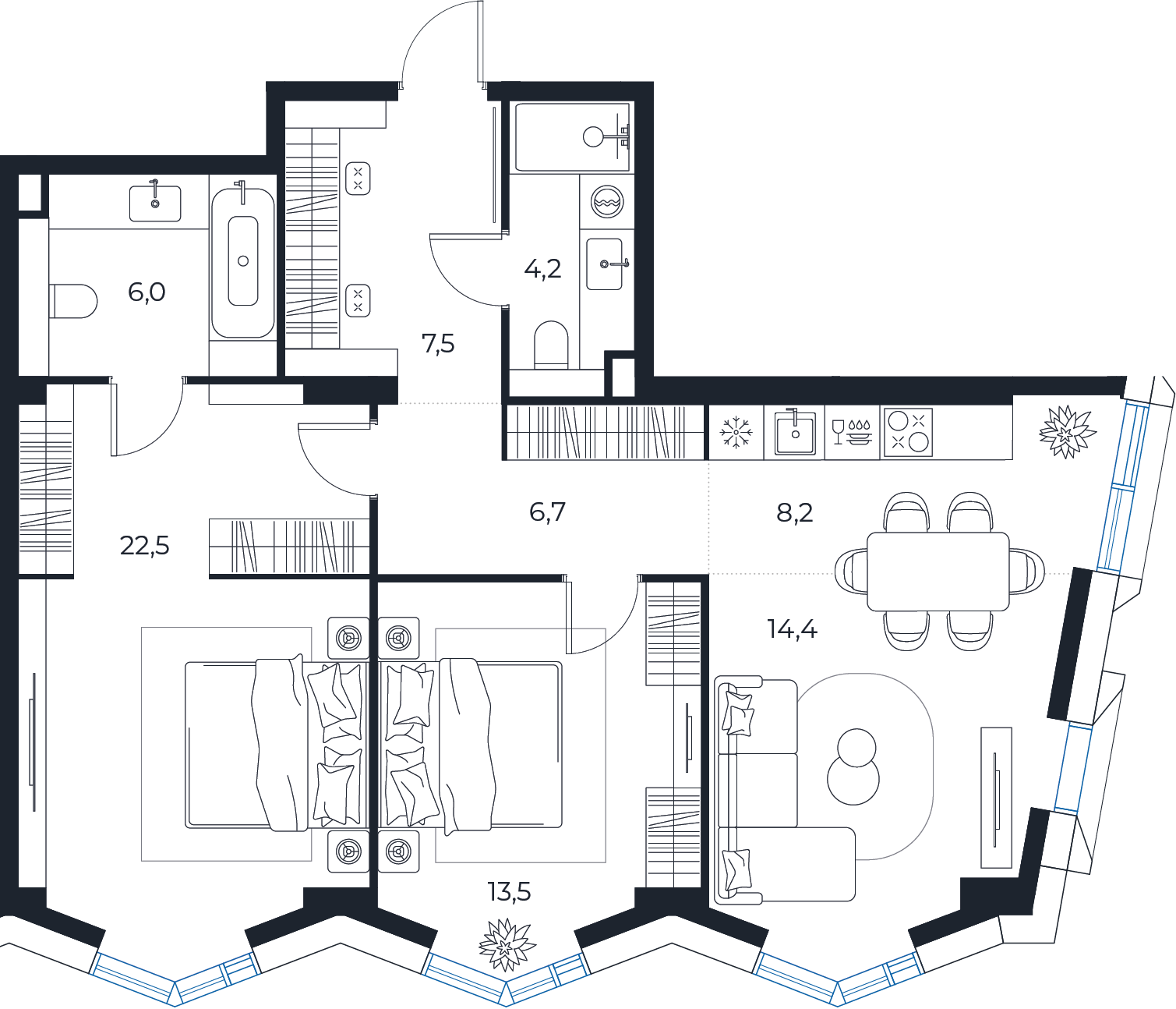 Планировка: 2-комнатная квартира, 83,0 м²