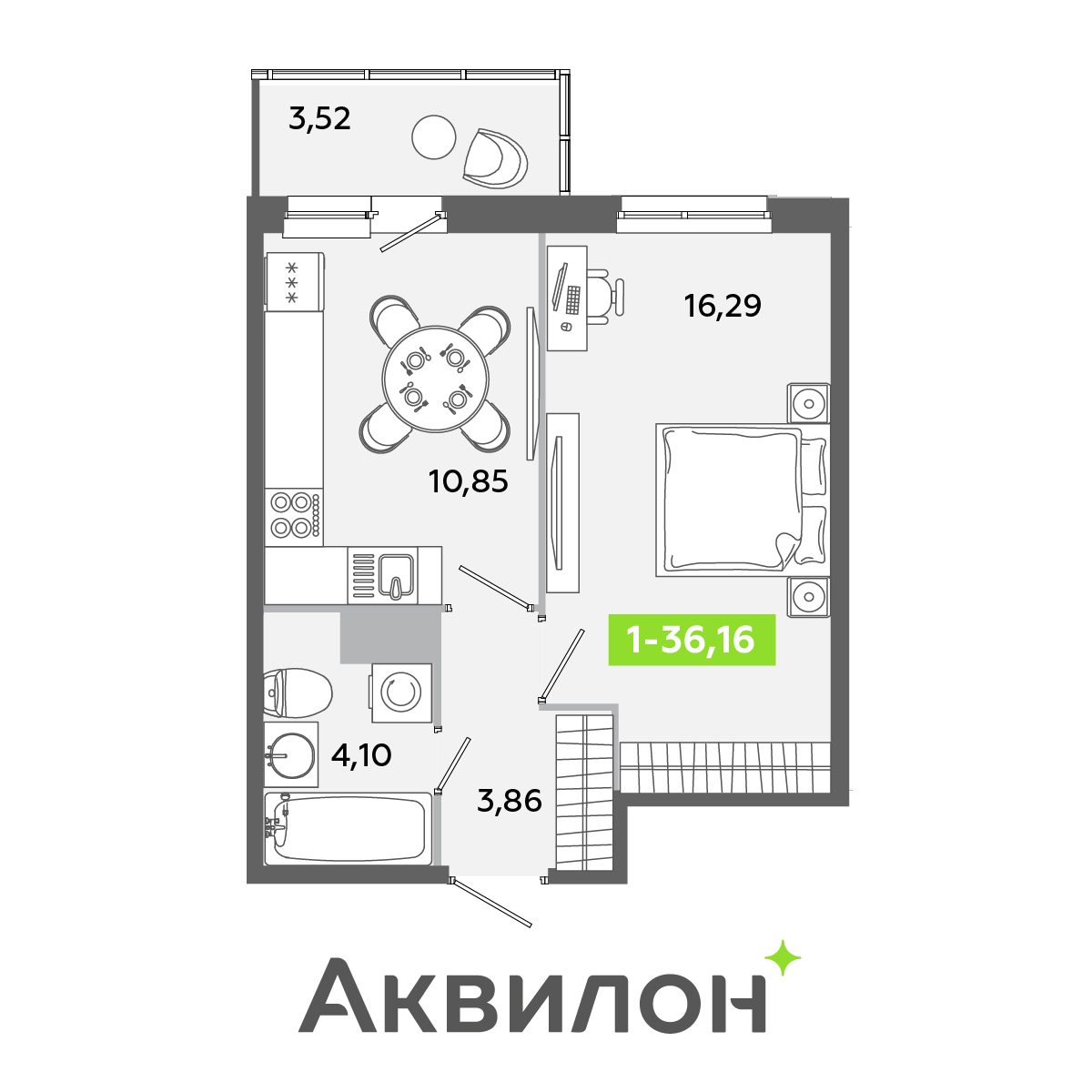 Планировка: 1-комнатная квартира, 36,2 м²