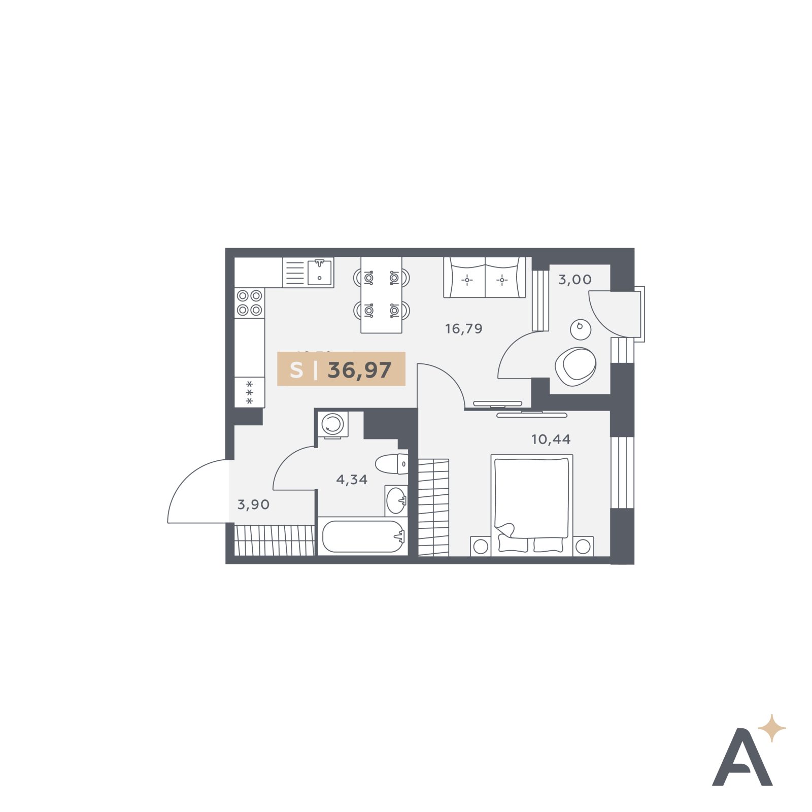 Планировка: 2-комнатная квартира, 37,0 м²