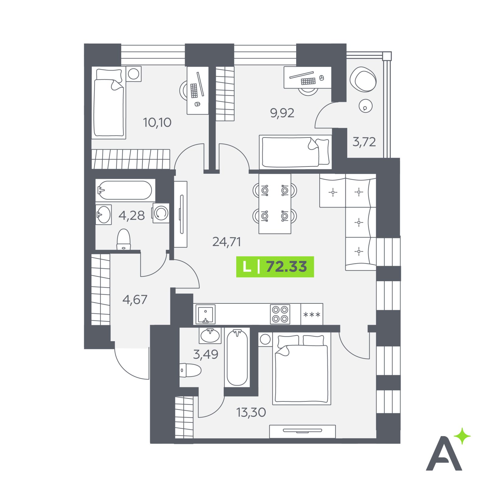 Планировка: 4-комнатная квартира, 72,3 м²
