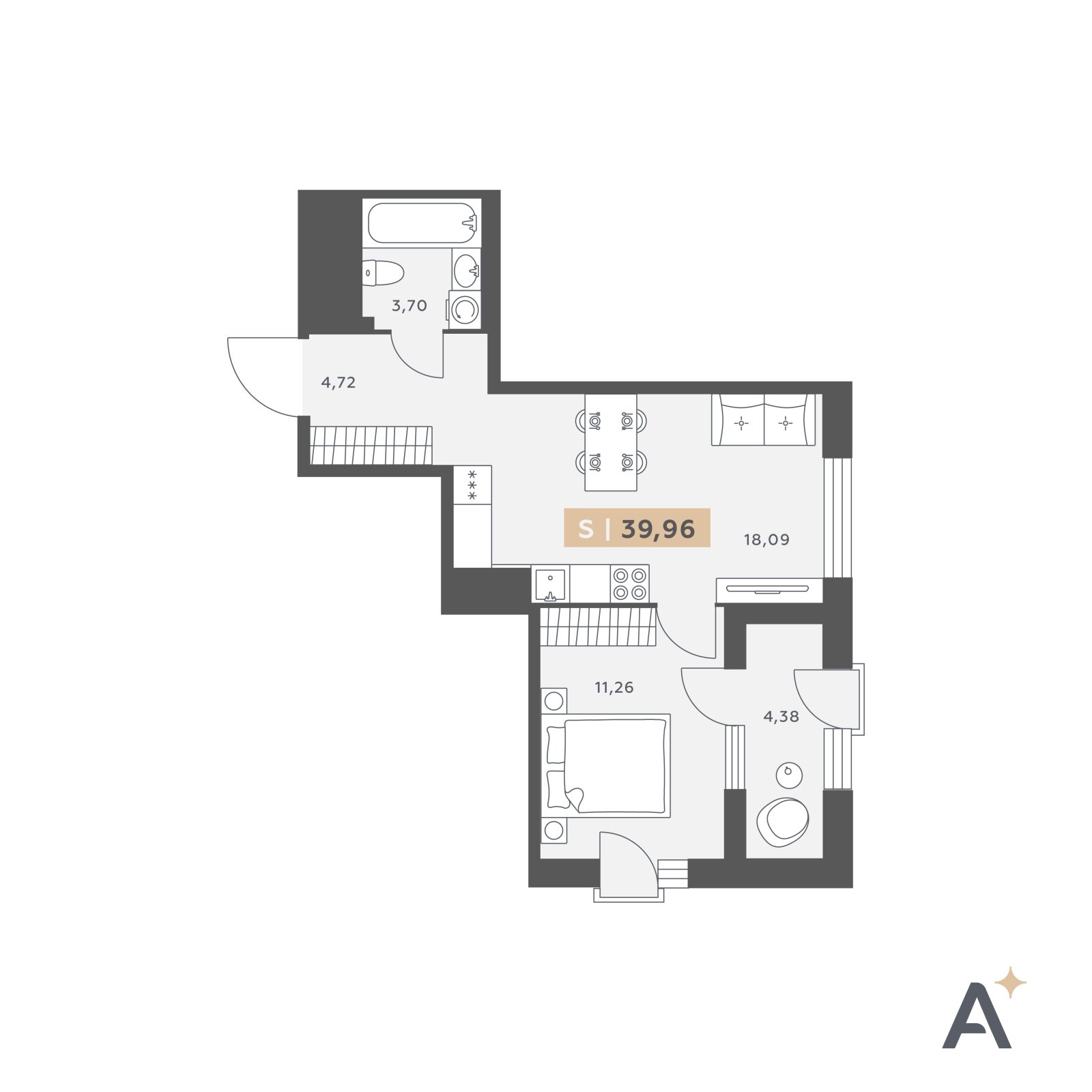 Планировка: 2-комнатная квартира, 40,0 м²