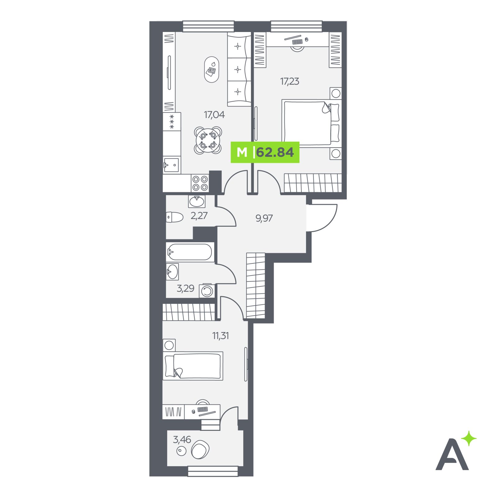 Планировка: 3-комнатная квартира, 62,8 м²