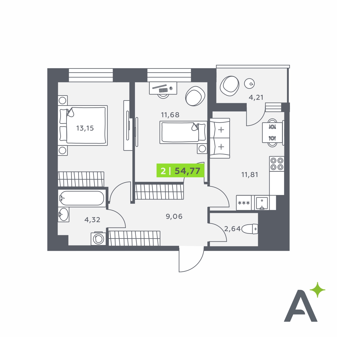 Планировка: 2-комнатная квартира, 54,8 м²