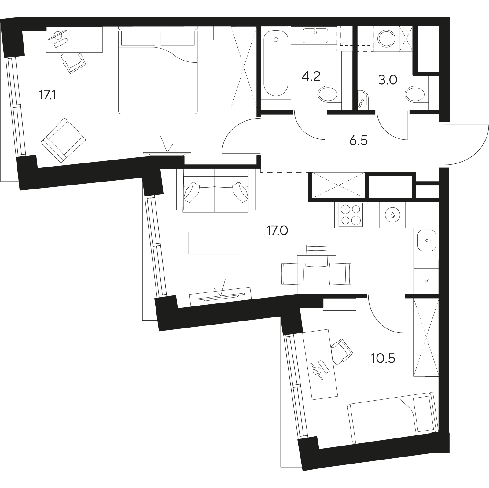 Планировка: 3-комнатная квартира, 58,3 м²