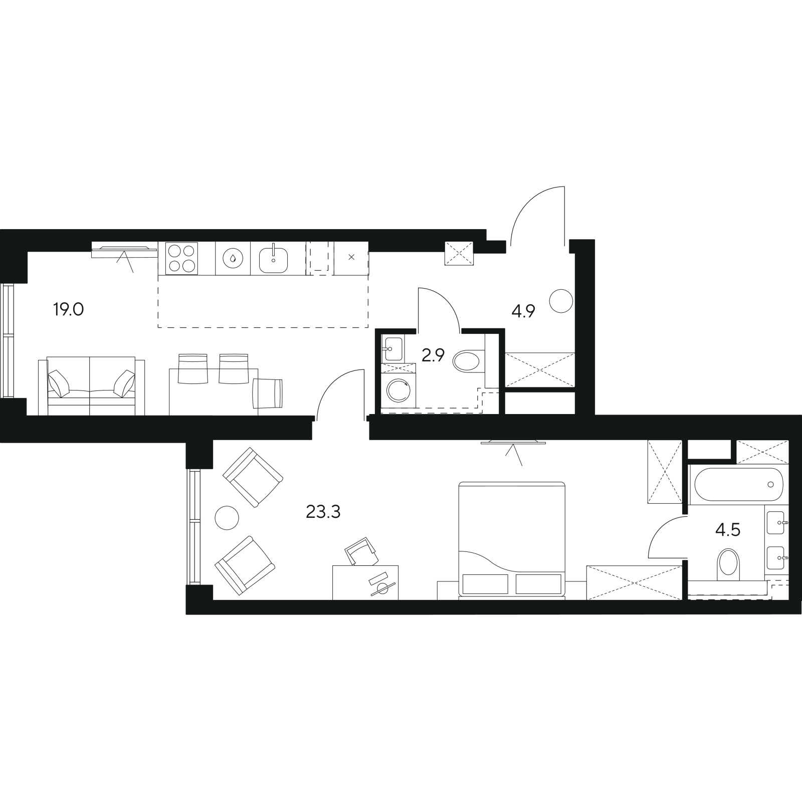 Планировка: 2-комнатная квартира, 54,6 м²