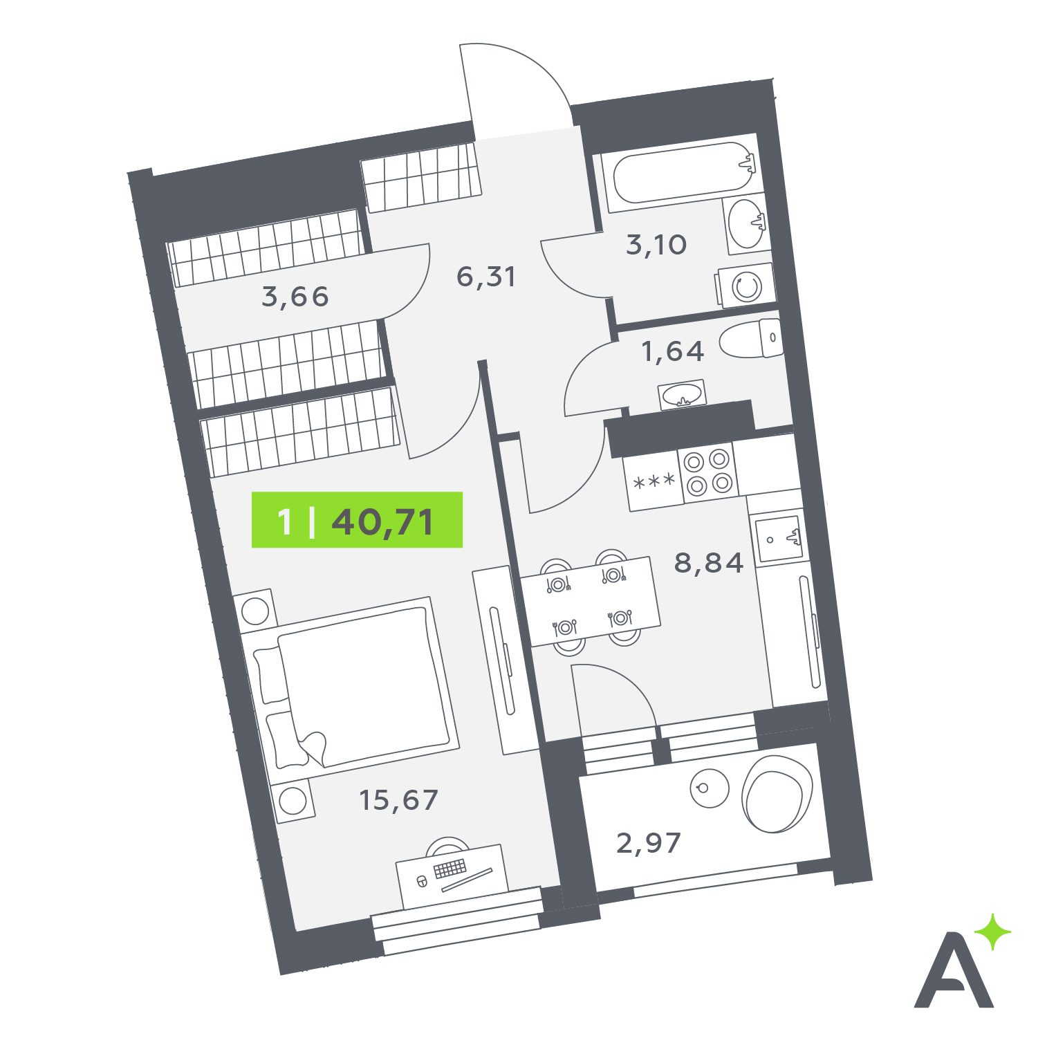 Планировка: 1-комнатная квартира, 40,7 м²