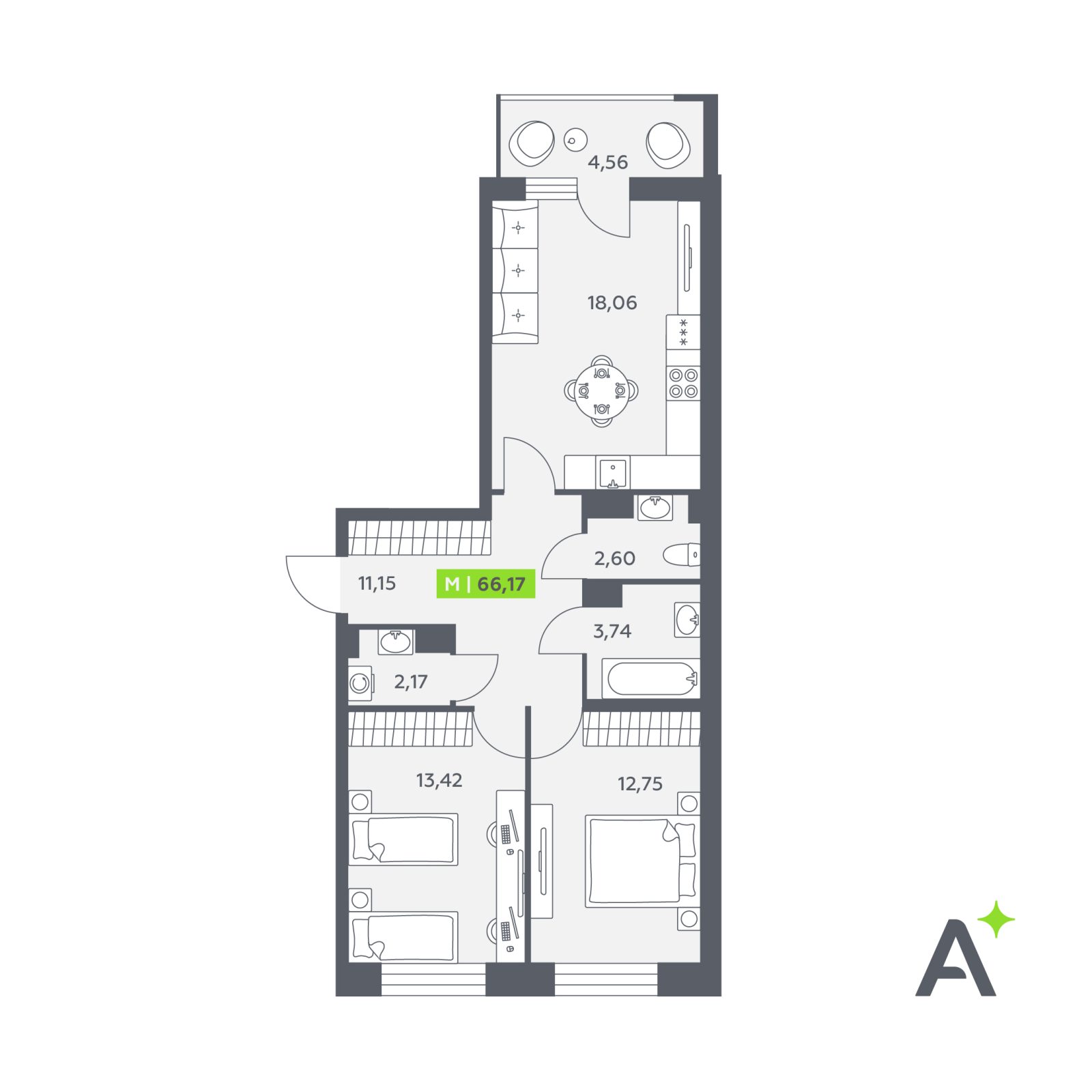 Планировка: 3-комнатная квартира, 66,2 м²
