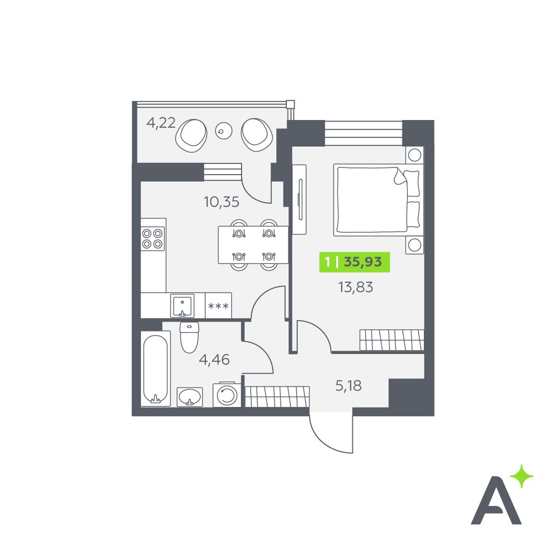 Планировка: 1-комнатная квартира, 35,9 м²